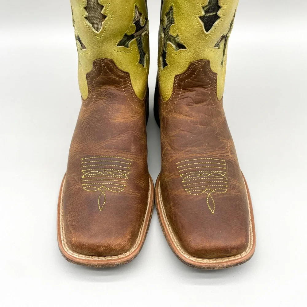Ariat Kids Size 2 Brown Leather Lime Green Suede Camo Cross Western Boots